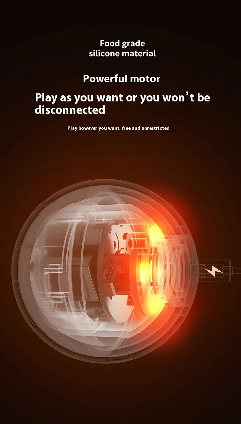 Dark promotional cutaway graphic showing illuminated internal components inside a ball; text mentions a powerful motor and play while disconnected.
