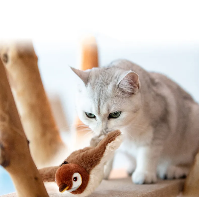A cat noses a small brown bird-shaped plush toy in a room.