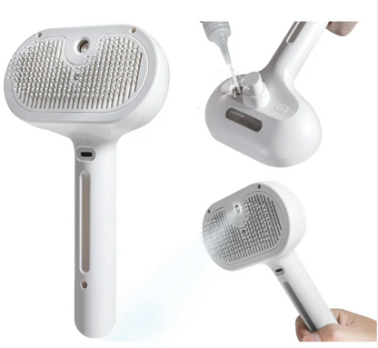 White-handled pet grooming brush with a gray bristled head, shown while liquid is added.