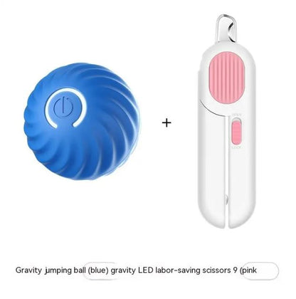 Blue ribbed ball beside a slim white handheld item with a pink oval grip.