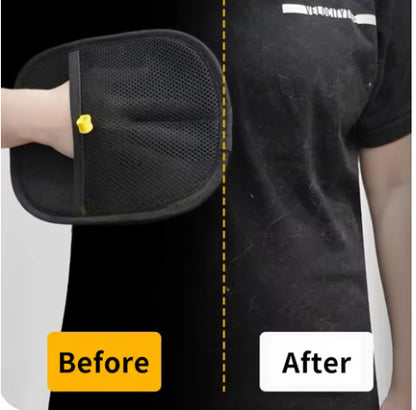 Promotional comparison graphic showing a black grooming glove beside a person in a black shirt, labeled “Before” and “After.”
