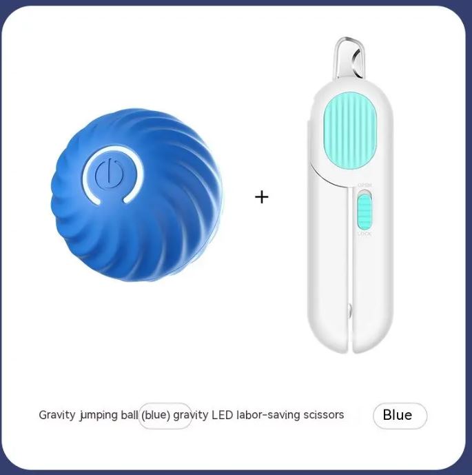 Blue ribbed ball beside a slim white handheld item with a turquoise oval grip on a bordered card.