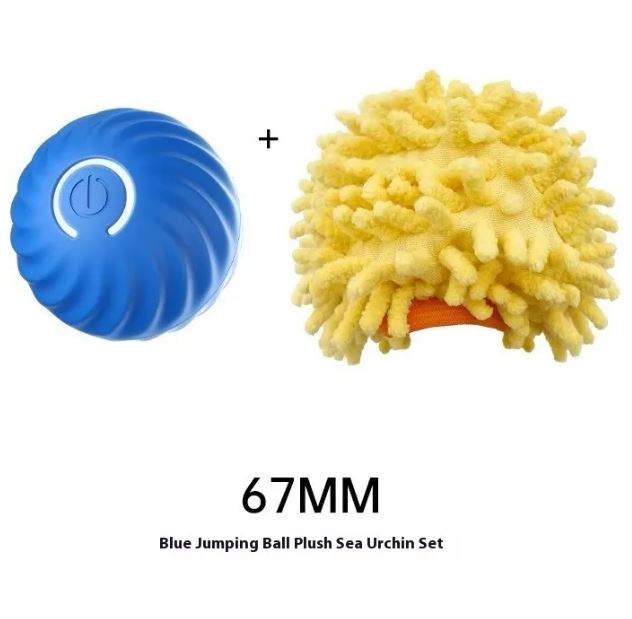Blue ribbed ball beside a yellow spiky sleeve labeled 67 mm.