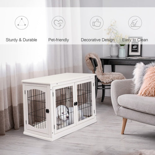 White crate end table with a small dog inside, staged beside a sofa with feature callouts above.