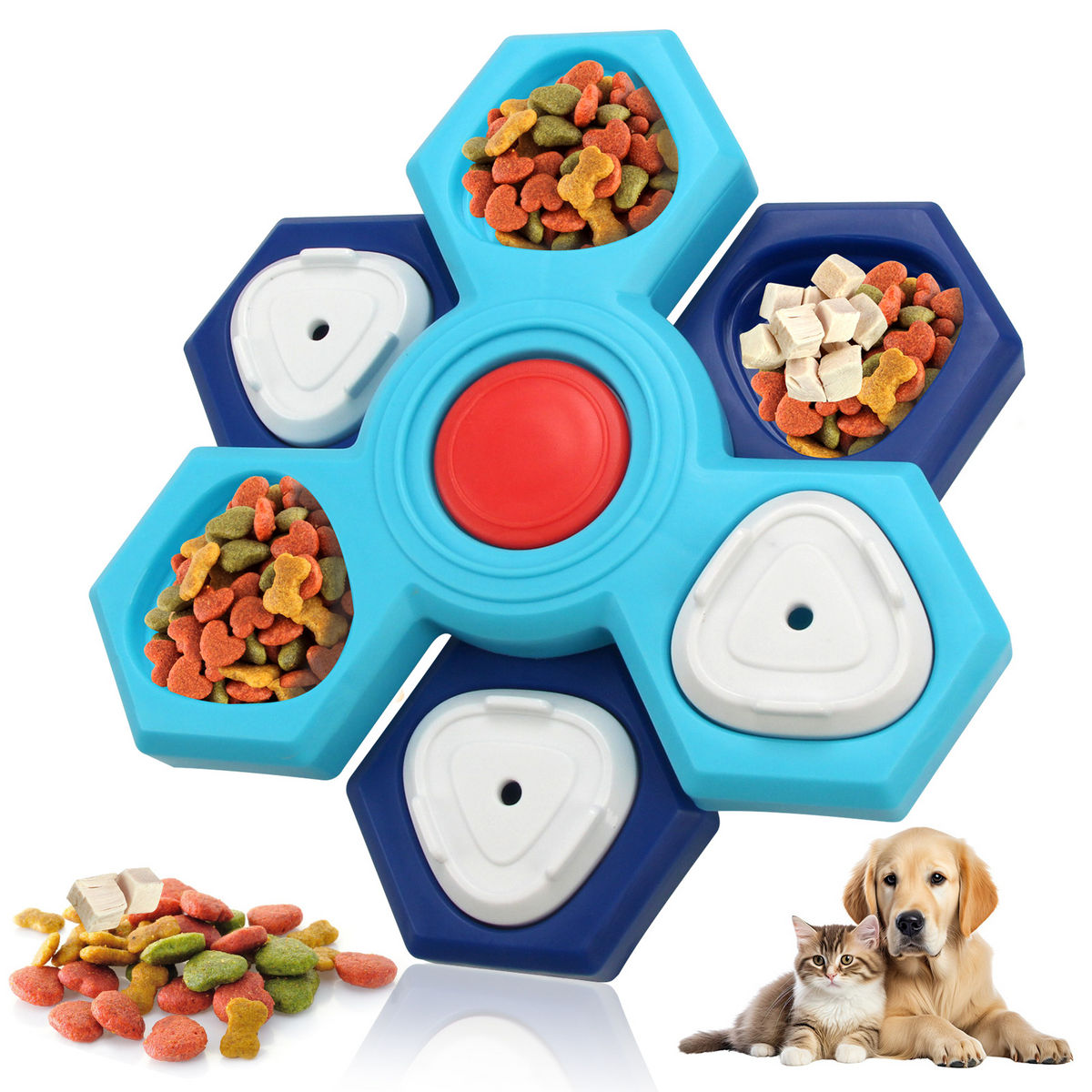 Two-tone blue hexagonal treat puzzle with food in several compartments and a small dog beside it.