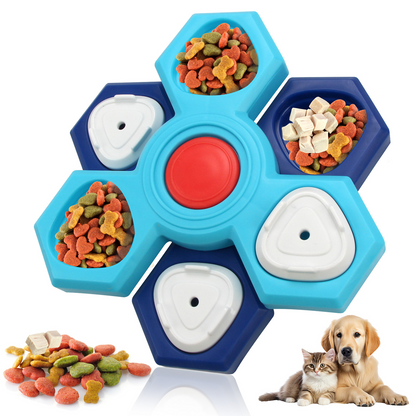 Two-tone blue hexagonal treat puzzle with food in several compartments and a small dog beside it.