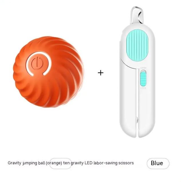 Orange ribbed ball beside a slim white handheld item with a turquoise oval grip.