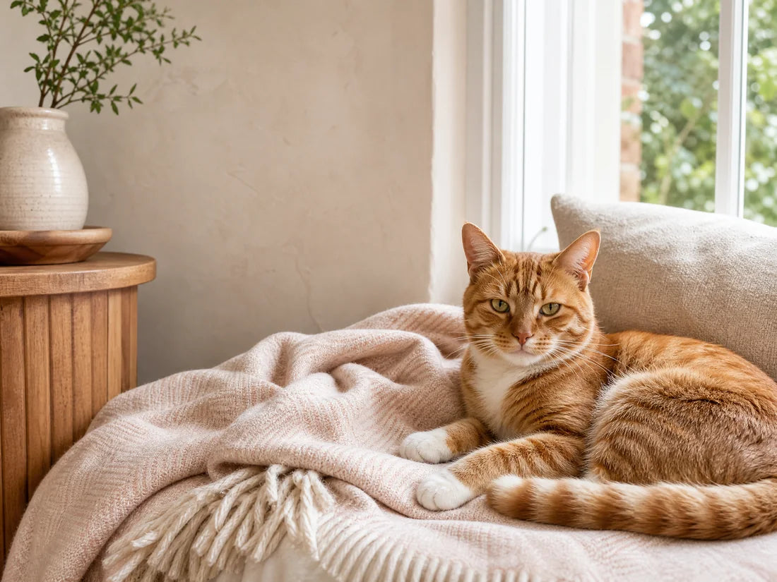 Ginger-and-white cat relaxing on a soft throw by a bright window