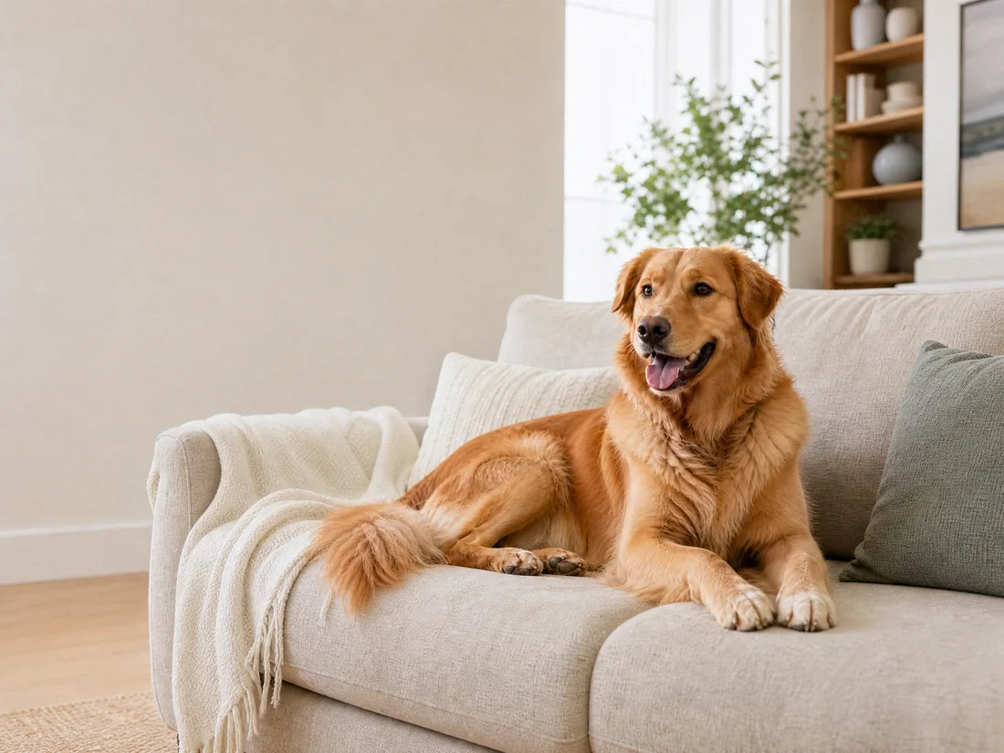 Golden dog resting on a linen sofa in a sunlit home