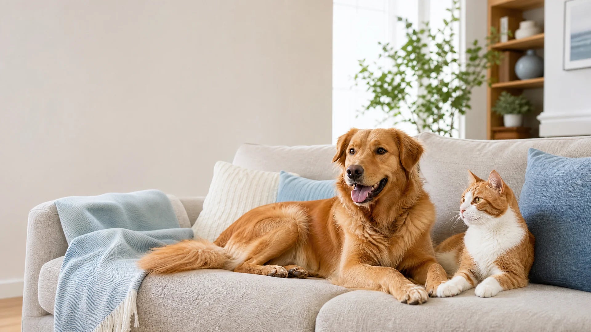 A golden dog and ginger-and-white cat resting together on a sofa in a bright, welcoming home