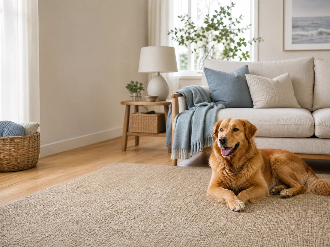 Golden dog relaxing on a rug in a carefully kept pet-friendly home