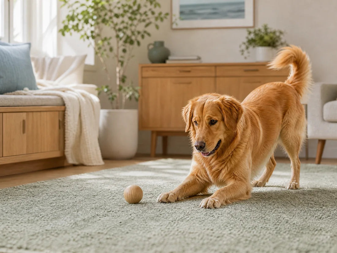 Golden dog crouched playfully beside a wooden ball on a pale rug