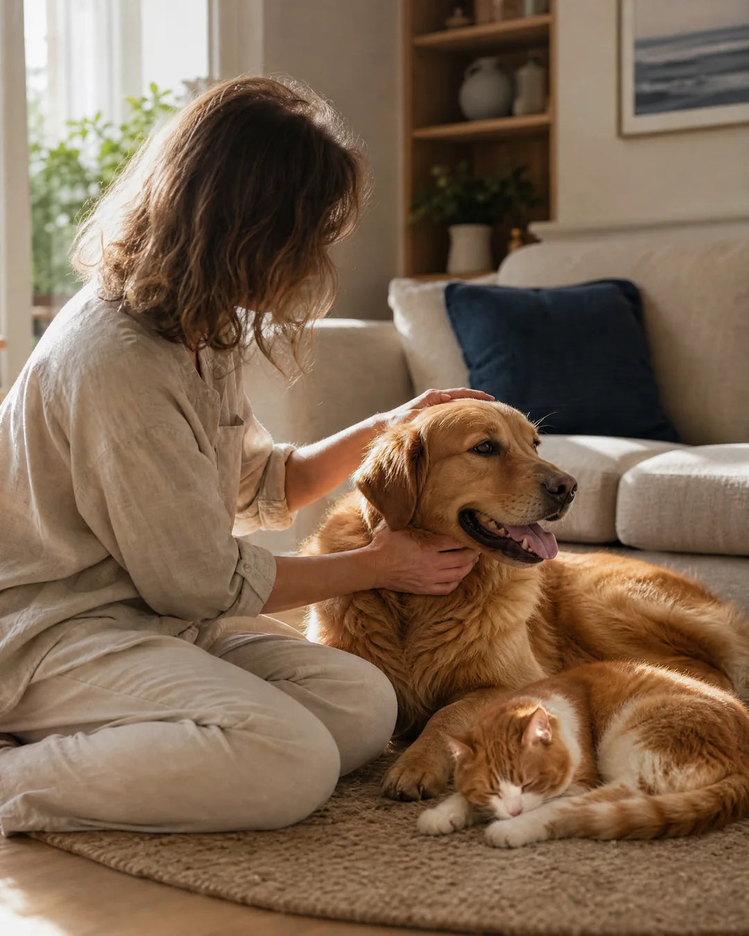 A dog and cat sharing a peaceful moment in a warm, light-filled home